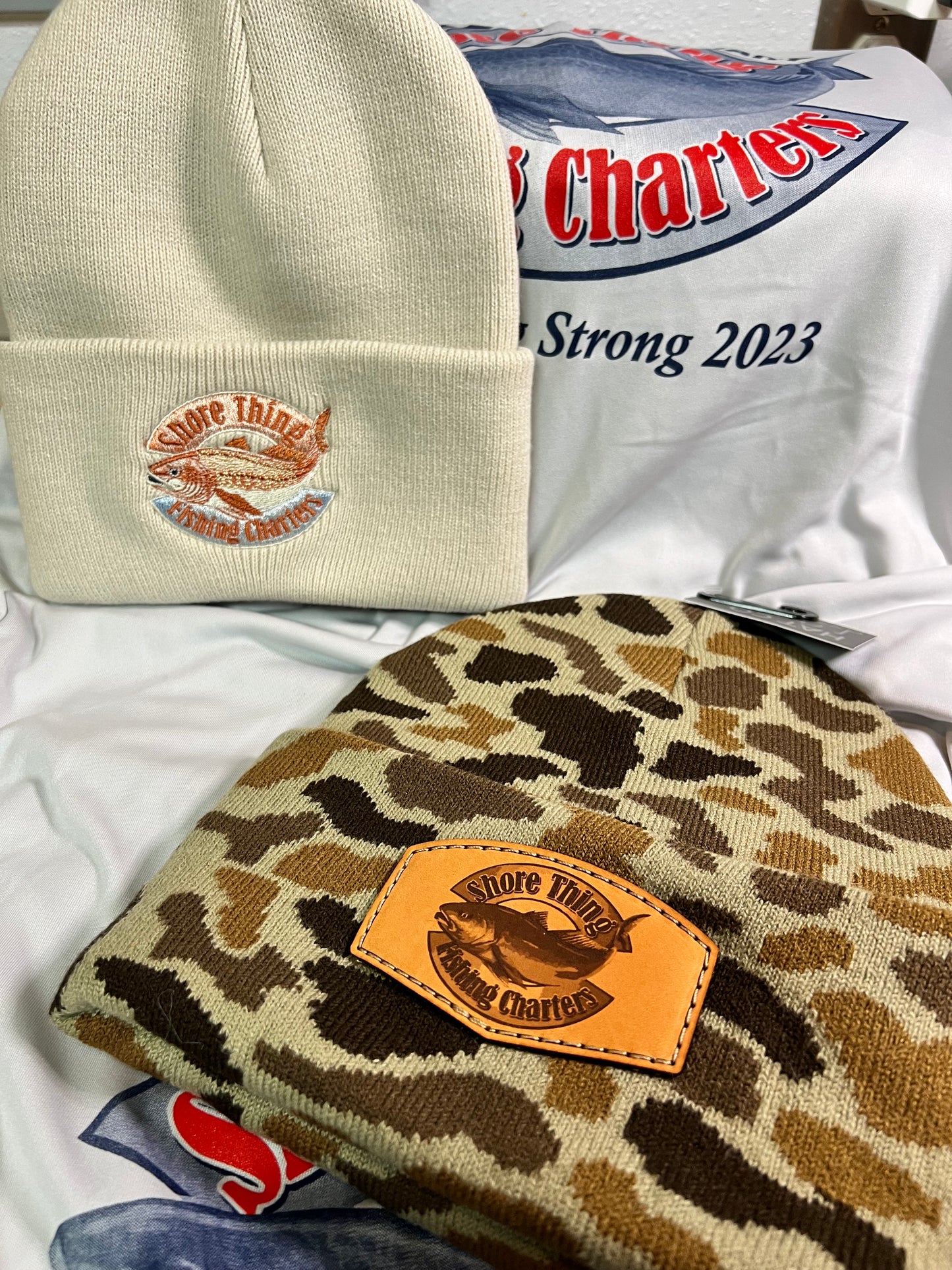 Oat color, embroidered, cuffed beanie